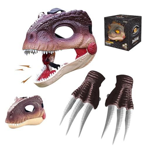 Dino Maske Kopfbedeckung,Dino Mask Moving Jaw mit Sound,Einstellbare Größe Realistische Maske Dinosaurier Spielzeug Geschenk für Kinder Erwachsene Halloween deko,Party,Maskerade (Kompletter Satz-Gelb) von GUAHKUN