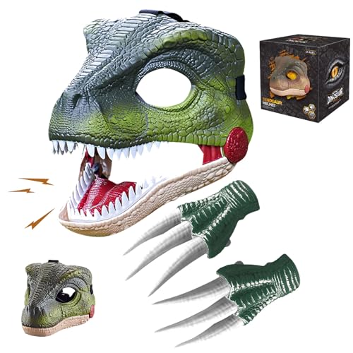 Dino Maske Kopfbedeckung,Dino Mask Moving Jaw mit Sound,Einstellbare Größe Realistische Maske Dinosaurier Spielzeug Geschenk für Kinder Erwachsene Halloween deko,Party,Maskerade (Kompletter Satz-Grün) von GUAHKUN