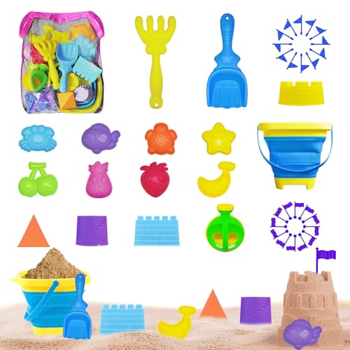 GUAHKUN Sandspielzeug Set Sandkasten Spielzeug Strandspielzeug Kinder Sandmuschel mit Deckel Faltbarer Eimer Schaufel Sandförmchen für Strand Garten Spielzeug ab 1 Jahr 3 Jahre Jungen Mädchen (B) von GUAHKUN