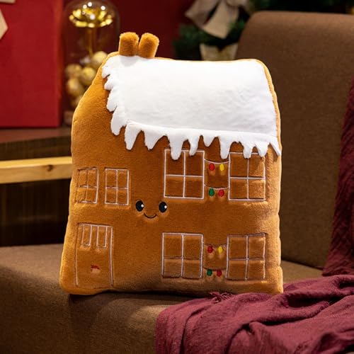 GUAHKUN Weihnachts Kuscheltier, Lebkuchenmann Kuscheltier, Weihnachtsbaumförmiges Plüschkissen, Gefüllte Lebkuchenhaus Kissen, Schneemann Kuscheltier, Süßes Dekokissen (Lebkuchenhaus) von GUAHKUN