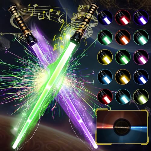 2 PCS Lichtschwert für Kinder, Laserschwert Kinder, 15 Farben Changeable Lichtschwert mit Soundeffekten, 2 In 1 Retractable LED Lichtschwert, Lightsaber Spielzeug für Halloween Weihnachten Cosplay von GUBOOM