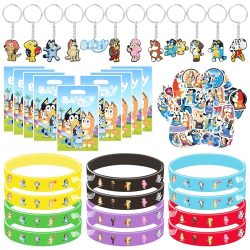 GUBOOM 89Pcs Bluey Party Mitgebsel Kindergeburtstag, 12Pcs Bluey Slap Armbänder Clap Bracelets+12Pcs Bluey Schlüsselanhänger+55Pcs Aufkleber+10Pcs Bluey Geschenktüten, Bluey Geburtstagkinder Deko von GUBOOM