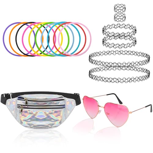 90er Jahre Accessoires, 90er Jahre Kostüm Kleidung Accessoires, 80er Jahre Outfit Damen, CSD Festival Outfit Damen mit Bauchtasche Mode, Choker Halskette Sets, Herzbrille Rosa, Neon Accessoires von GUBOOM