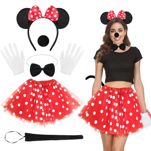 Damen Maus Mouse Kostüm, Mini Maus Karneval Kostüm Damen Fasching, Rote Tutu mit weiß Gepunktet, Mini Maus Ohren, Handschuhe, Nase, Krawatten, Schwanz, für Fasching Karneval Motto Cosplay Party von GUBOOM