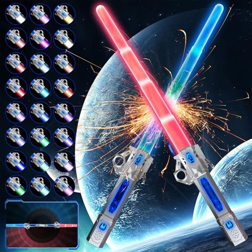 GUBOOM 2 PCS Lichtschwert für Kinder, Laserschwert Kinder, 24 Farben Changeable Lichtschwert mit Soundeffekten, 2 In 1 Retractable LED Lichtschwert mit 3D Sound für Weihnachten Cosplay von GUBOOM