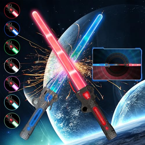 GUBOOM 2 PCS Lichtschwert für Kinder, Laserschwert Kinder, 7 Farben Changeable Lichtschwert mit Soundeffekten, 2 In 1 Retractable LED Lichtschwert mit 3D Sound, für Halloween Weihnachten Cosplay von GUBOOM