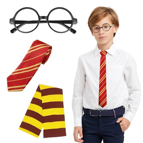 GUBOOM 3 Stück Zauberer Kostüm Set, Zauberer Krawatte Brille Schal Kostüm für Jungen Mädchen, Magier Accessoires mit Schwarzer Runder Brillen, Krawatte, Schal für Kinder Cosplay Fasching Karneval von GUBOOM