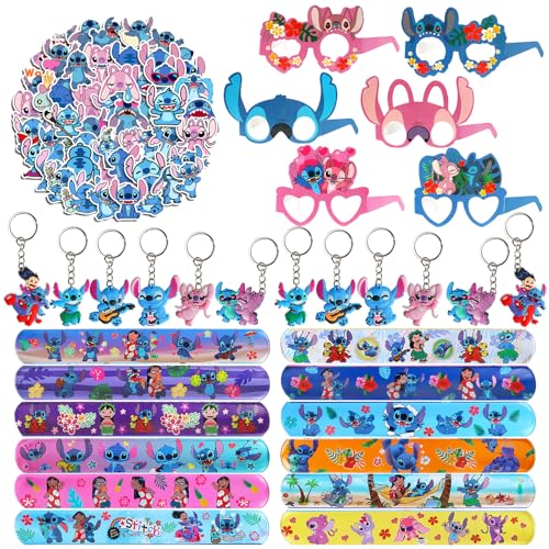 GUBOOM 86Pcs Sti-tch Party Mitgebsel, 12 Pcs Sti-tch Slap Armbänder Clap Bracelets+12Pcs Sti-tch Schlüsselanhänger+50Pcs Aufkleber+12Pcs Sti-tch kinder Masken, Sti-tch Geburtstagkinder Deko von GUBOOM