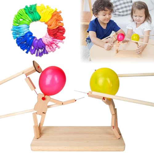 GUBOOM Balloon Bamboo Man Battle mit 100 Ballnoons, Verdicken Handmade Wooden Fencing Puppets, 2024 New Ballon Bambus Mann Schlacht, Holz Bots Kampfspiel für Party, Familienspiele, Desktop-Kampfspiel von GUBOOM