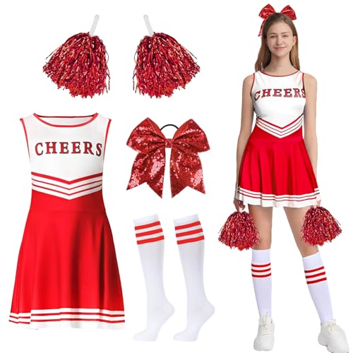 GUBOOM Cheerleader Kostüm Damen für Erwachsene, Cheerleaderkostüm Damen mit Cheerleader Pompoms, Haargummi, Socken, High School Cheerleader Kostüm für Verkleidung Cosplay Karneval Mottoparty (Rot, M) von GUBOOM