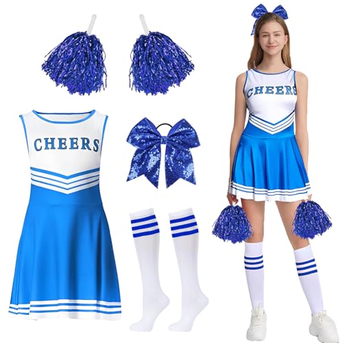 GUBOOM Cheerleader Kostüm Damen für Erwachsene, Cheerleaderkostüm Damen mit Cheerleader Pompoms, Haargummi, Socken, High School Cheerleader Kostüm für Verkleidung Cosplay Karneval Mottoparty (Blau, M) von GUBOOM