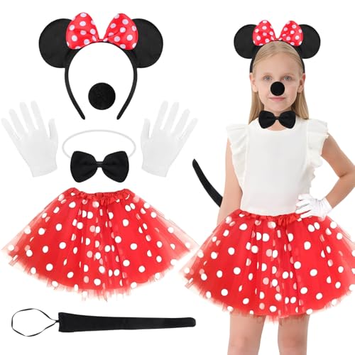 GUBOOM Kinder Mädchen Mouse Kostüm, Mini Maus Kostüm Kinder Mädchen, Rote Tutu mit weiß Gepunktet, Mini Maus Ohren, Handschuhe, Nase, Krawatten, Schwanz, für Fasching Karneval Motto Cosplay Party von GUBOOM