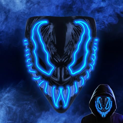 LED Premium Maske, Halloween Leuchtende Maske-3 Leuchtmodi, Horror Maske für Halloween, Fasching, Karneval, Leuchtende Maske für Kinder Erwachsene, Halloween Cosplay Kostüm für Herren Damen (Blau) von GUBOOM