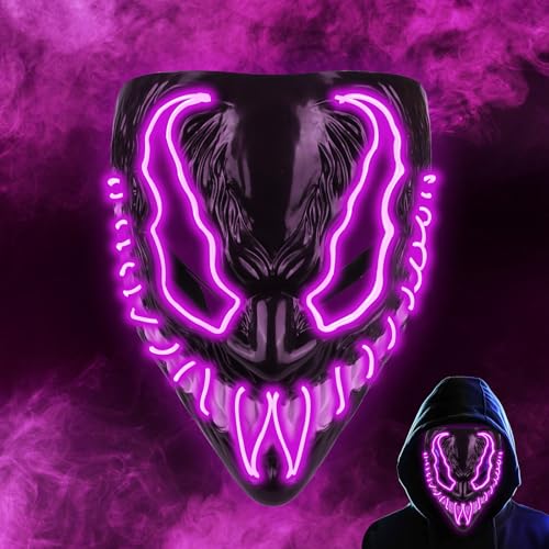 LED Premium Maske, Halloween Leuchtende Maske-3 Leuchtmodi, Horror Maske für Halloween, Fasching, Karneval, Leuchtende Maske für Kinder Erwachsene, Halloween Cosplay Kostüm für Herren Damen (Violett) von GUBOOM