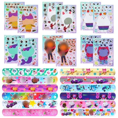 Gabby's Dollhouse Kindergeburtstag Mitgebsel Set, 12Pcs Gabby's Dollhouse Slap Bracelets Armbänder Kinder Slap Armband + 12Pcs Gabby's Dollhouse DIY Aufkleber Kinder, Gabby's Gastgeschenke Deko von GUBOOM