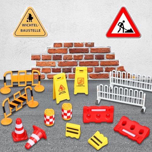 GUBOOM Wichtel Zubehör Baustelle, 28Pcs Miniatur Wichtel Baustelle Set, Wichteltür Baustelle Puppenhaus Zubehör 1/12, DIY Wichtel Baustelle Einzug, Verkehrsschilder Kinder von GUBOOM