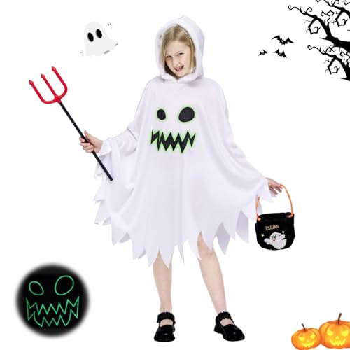 Geister Weiß Umhang Halloween Kostüm für Kinder, 3-teiliges Costume Halloween für Jungen Mädchen, Gruseliges Süßes oder Saures, mit Handtasche, Teufelsgabel, für Halloween-Kostümpartys, Cosplay (M) von GUBOOM