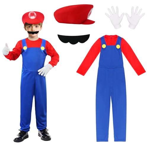 Mario Kostüm Kinder Luigi Kostüm, 4-teiliges Set Mario Luigi Bodysuit Kostüm Herren Damen Cosplay Super Bros Outfit Jungen Mädchen mit Mütze Handschuhe Bart für Karneval Halloween Faschingskostüme (L) von GUBOOM