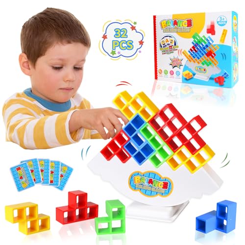 Tetra Tower Spiel, Balance Spielzeug Tower Game, 32PCS Tetris Spiel, Stapelspiel Spielzeug, Schaukelstapel Hoch Kinder Balance Spielzeug, Lustige Stapelspiel Puzzlespiele Geschenke für Jungen Mädchen von GUBOOM