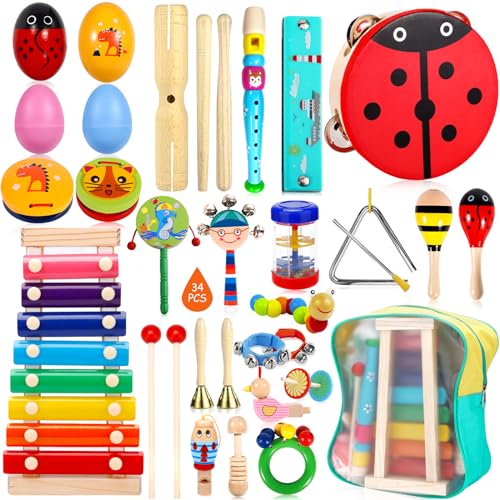 GUHAOOL 34 Stück Musikinstrumente für Kinder, Musikinstrumenten-Set, Instruments Percussion Holzspielzeug, Holzschlaginstrumente für Spiel und Rhythmus, Xylophon, Spielzeug für Kleinkinder ab 3 Jahre von GUHAOOL