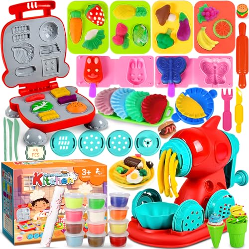 GUHAOOL Knete Set Knetwerkzeug für Kinder,54 Stück Kitchen Creations Nudelmaschine Spielset Burger Eiscreme,Knete Zubehör mit Accessoires und 12 Dosen Knete,Spielzeug Geschenk Mädchen&Junge 2-10 Jahre von GUHAOOL