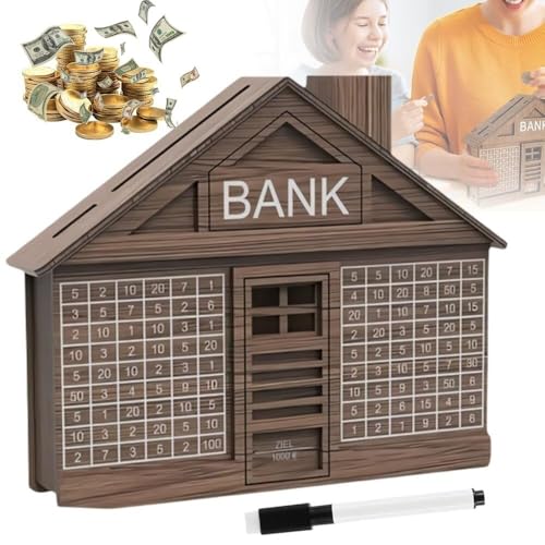 GUIBEIZU Cash Vault Spardose aus Holz, kreative Spardose aus Holz, Spardose mit Zähler, Geldspar-Challenge-Box aus Holz mit Geldziel und Zahlen, mit trocken abwischbarem Stift(Brown,1000) von GUIBEIZU