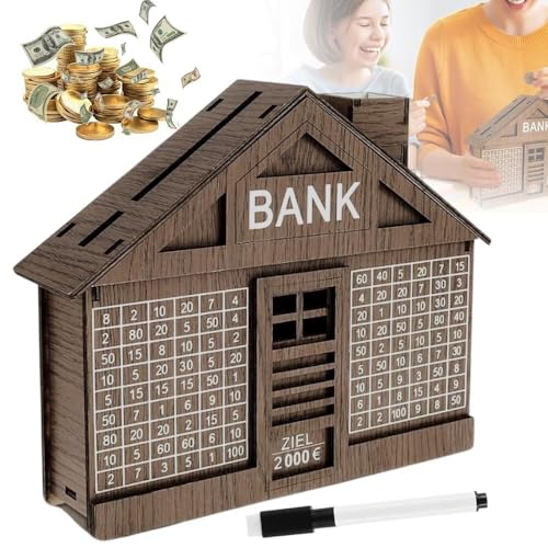 GUIBEIZU Cash Vault Spardose aus Holz, kreative Spardose aus Holz, Spardose mit Zähler, Geldspar-Challenge-Box aus Holz mit Geldziel und Zahlen, mit trocken abwischbarem Stift(Brown,2000) von GUIBEIZU