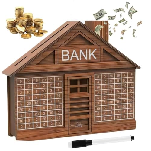 GUIBEIZU Cash Vault Spardose aus Holz, kreative Spardose aus Holz, Spardose mit Zähler, Geldspar-Challenge-Box aus Holz mit Geldziel und Zahlen, mit trocken abwischbarem Stift(Light Brown,1000) von GUIBEIZU