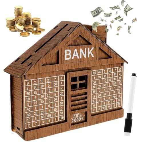 GUIBEIZU Cash Vault Spardose aus Holz, kreative Spardose aus Holz, Spardose mit Zähler, Geldspar-Challenge-Box aus Holz mit Geldziel und Zahlen, mit trocken abwischbarem Stift(Light Brown,2000) von GUIBEIZU