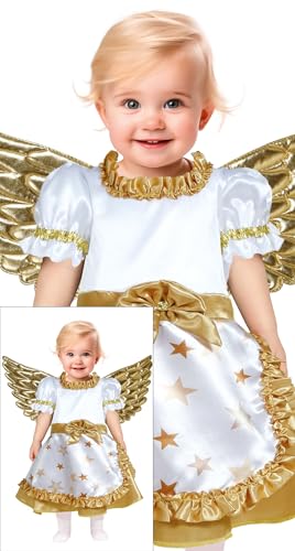 GUIRMA | Goldener Engel Baby Kostüm (12-18 Monate) - Kleid und Flügel - Weihnachts- und Neujahr Kostüme für Babys - Ideal für Engelspartys und Feiern - Mädchen - Weiß und Gold von GUIRMA