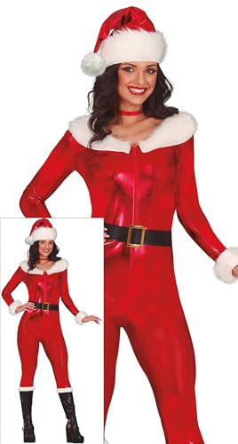 GUIRMA | Metallic Santa Girl Kostüm (36-38/S) - Overall, Gürtel und Hut - Weihnachts-, Neujahrs- und Santa Party Kostüme für Frauen - Ideal für Feiern - Rot von GUIRMA