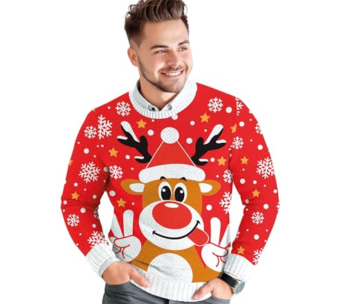 GUIRMA | Rentier Weihnachtspullover (48-50/M) - Festlicher Sweater für Herren - Ideal für Weihnachts- und Silvesterfeiern - Winterbekleidung für Feiern und Events - Rot von GUIRMA