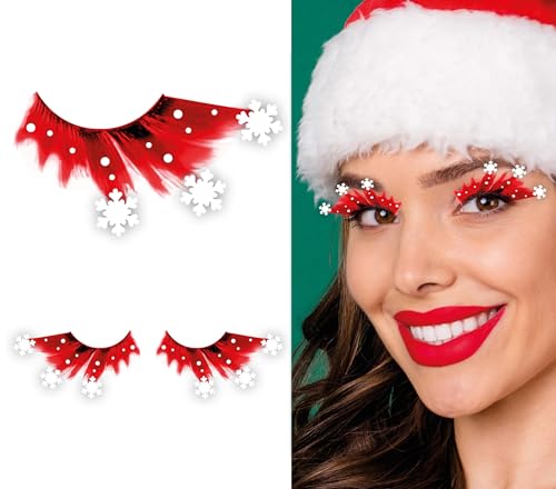 GUIRMA | Rote Wimpern mit Schneeflocken - Makeup Zubehör für Weihnachten und Neujahr - Ideal für Partys und Feiern - Für Erwachsene - Rot und Weiß von GUIRMA