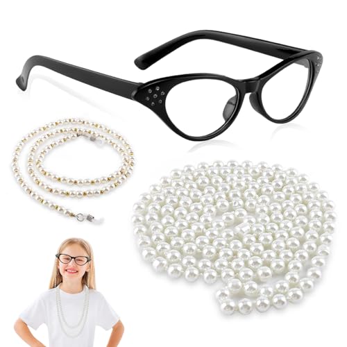 GUIZIYAO Großmutter Cosplay Zubehör Set, Brillenketten Damen, Perlenkette, Katzenaugen brille, Oma Brille mit Kette, Alte Dame Cosplay Set, Für Kostümpartys, Weihnachten Und Halloween (A) von GUIZIYAO