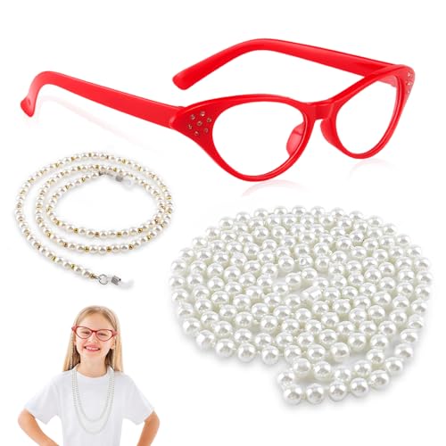 GUIZIYAO Großmutter Cosplay Zubehör Set, Brillenketten Damen, Perlenkette, Katzenaugen brille, Oma Brille mit Kette, Alte Dame Cosplay Set, Für Kostümpartys, Weihnachten Und Halloween (B) von GUIZIYAO