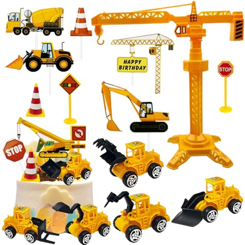 Tortendeko Baustelle, 18 Stück Bagger Kuchendeko, Baustellenfahrzeuge Verkehrsschilder Kinder, Kunststoff Bagger Spielzeugauto, Bagger Cake Topper, Baustellen Fahrzeuge Tortendeko von GUIZIYAO