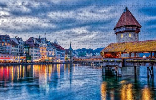 GUOHLOZ Puzzles 1000 Teile Erwachsene Puzzles für Erwachsene Herausforderung Spielzeug 1000 Teile Puzzles für Erwachsene Kinder Brücke, Schweiz, Überdachte Brücke In Luzern, 75x50cm von GUOHLOZ