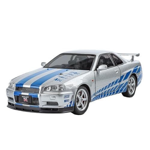 GUOLAIXIANG Spielzeug 1:24 Für GTR R34 Automodell, Zurückziehbares Autospielzeug Mit Sound Und Licht, Zinklegierungskörper(Silver) von GUOLAIXIANG