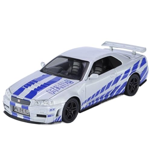 GUOXUN Für 1:32 GTR Skyline R34 Sportwagenmodell Legierung Sound Und Licht Feedback Auto Spielzeug Ornament(Silver) von GUOXUN