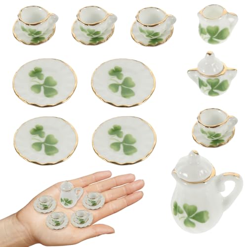 GUOYOU 1/12 Maßstab Puppenhaus Zubehör 15 Pack Micro Mini Tee Set Mini Keramik Küchenmöbel Set Micro Wichtel Zubehör Mini Kleeblatt Teetassen Puppenhaus Spielzeug Tasse Puppenhaus Szene Dekoration von GUOYOU