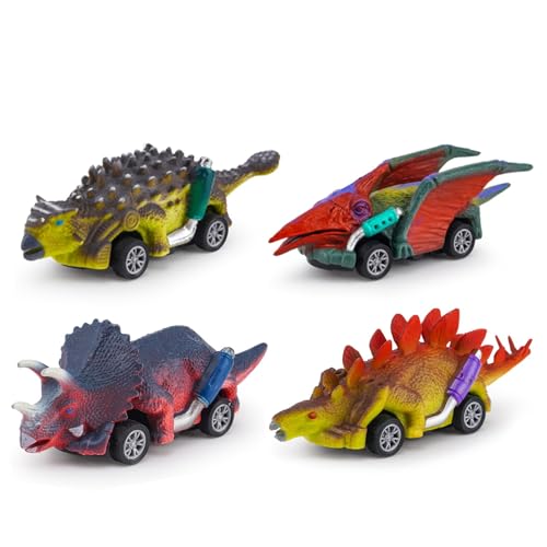 GUOYOU Dinosaurier Auto Spielzeug,4 Stücke Dinosaurier Spielzeug Rückziehauto Dino Auto Zurückziehen Spielzeugauto Jurassic Dinosaur Play Set,für Jungen und Mädchen Kindertag Geschenk von GUOYOU