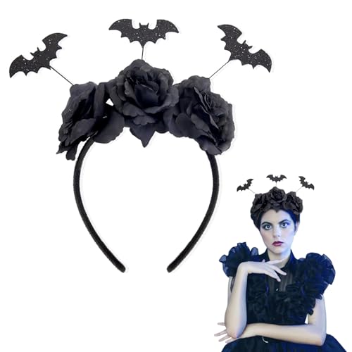 GUOYOU Fledermaus Ohren Haarrif,Schwarze Bat Kopfschmuck Mit Blumen Halloween Fledermaus Blumen Personalisierte Kopfbedeckung Gotisch Stirnband Halloween Party Passende für Frauen und MäNner von GUOYOU