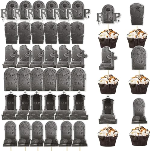 GUOYOU36 Stücke Halloween Kuchen Deko,Halloween Cupcake Topper Happy Halloween Cake Toppers Cupcake Deko Kuchen Grabstein Tortendeko Muffins Dessert Dekoration,Per Gruselige Halloween-Mottopartys von GUOYOU