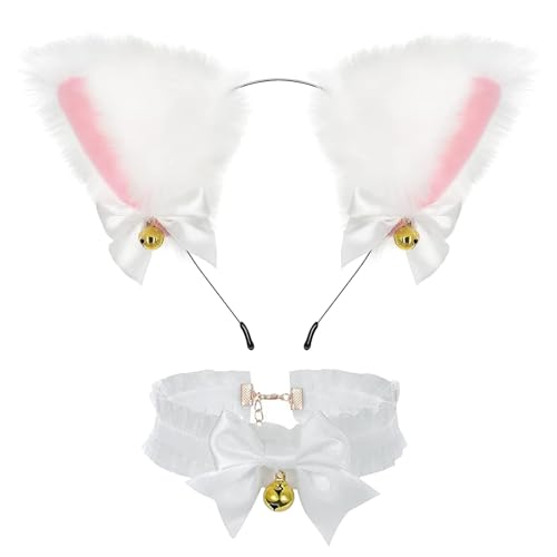 GUOYOU Katze Cosplay Set mit Glöckchen Halskette, Katzenkostüm Damen Haarreif, Katzenohren Stirnband für Karneval, Niedlich Cat Ears Haarschmuck, für Karneval Fasching Motto Cosplay Party(Weiß) von GUOYOU