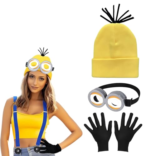 GUOYOU Minion Kostüm Zubehör,3 Stücke Verabscheuungswürdiges Ich-Kostüm Steampunk-Brille Weiße Handschuhe und Gelber Hut Mütze Cosplay Party Kostüm,Geeignet Damen Herren Kinder von GUOYOU