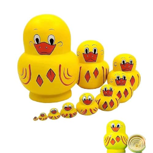 10Pcs Duck Nested Doll, Enten-Nestpuppe, Gelbe Ente Nestpuppe Aus Holz, Russische Gelbe Ente Stapelpuppen, Yellow Duck Figurine, Russische Handgemachte Puppen Spielzeug Set für Kinder von GUSHE