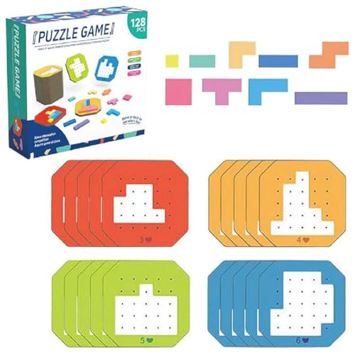 128Pcs Colorful Block Jigsaw Puzzle Game, 3D Russischer Block Tangram Spielzeug, Tangrams Holzpuzzles Geometrische Formen Puzzle, Montessori Puzzle Spielzeug Für Kinder Mädchen und Jungen von GUSHE