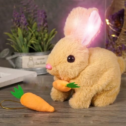 Bunny -Mein realistisches Kaninchenspielzeug,Realistisches Häschen für Kinder,Hüpfendes Kaninchen Spielzeug,Plüschhasenspielzeug,Pädagogisches interaktives Spielzeug kann Laufen und sprechen (Gelb) von GUSHE