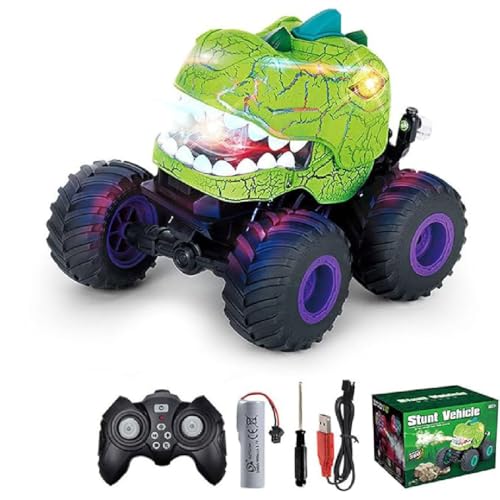 Dinosaur Remote Control Car for 3-12 Year Old, Dinosaurier Auto Spielzeug, Dinosaurier Monster Truck Spielzeug, 2.4 GHz Stunt-Autos mit Licht, Klang, Sprühen, Geschenke für Jungen Mädchen (Grün) von GUSHE