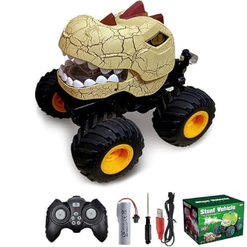 Dinosaur Remote Control Car for 3-12 Year Old, Dinosaurier Auto Spielzeug, Dinosaurier Monster Truck Spielzeug, 2.4 GHz Stunt-Autos mit Licht, Klang, Sprühen, Geschenke für Jungen Mädchen (Khaki) von GUSHE